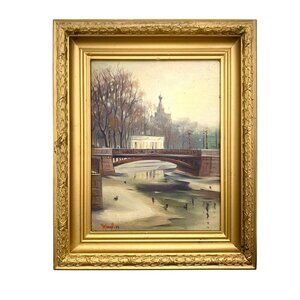 Painting Cold Winter in Quiet Town Oil on Canvas Signed Vintage Art Decor